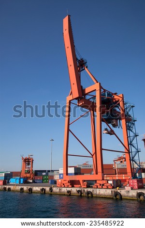 Istanbul, Uskudar, Turkey - September 6, 2011: Port of Haydarpasa and Container Cranes at Istanbul,Turkey. You are watching sunny and clear sky at the background and a little part of Istanbul.