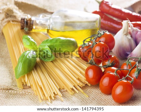 pasta spaghetti vegetables, spices and oil