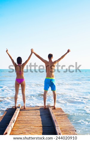 Rear View of Young Couple in Swimming Attire Holding Hands Up at Wooden Pier in Front Beautiful Sea Water.