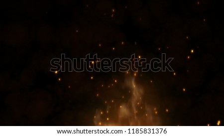 Realistic large fire with hot sparks rise in the night sky. Burning red flame on the black background, light and life. Fiery glowing flying away particles over black background. 4k 3D animation