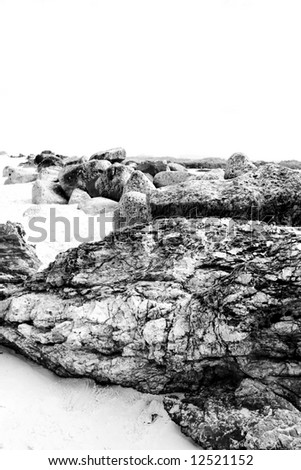 black and white of beach rocks