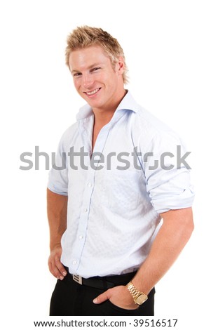 handsome young man in a blue collared shirt
