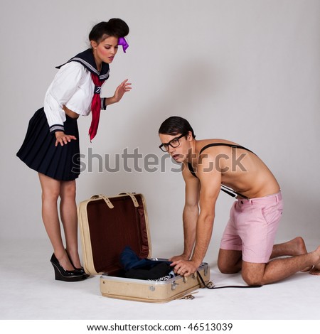cute vintage couple, dressing up in sailor and nerd outfits