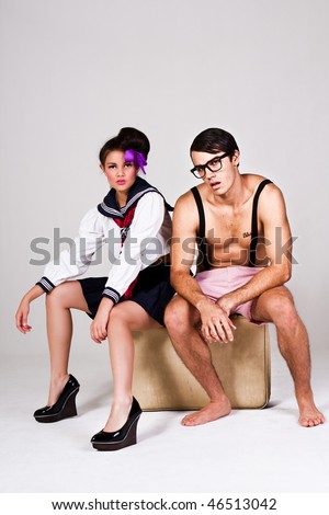 cute vintage couple, dressing up in sailor and nerd outfits