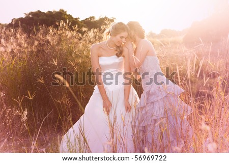 A smiling bride wearing a white wedding dress is listening to her bridesmaid in a rural landscape tell her a secret. Horizontal shot.