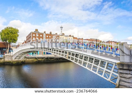 View of Hapenny Bridge over Liffey river in Dublin, Ireland