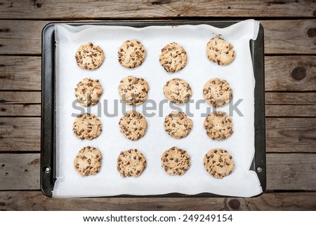 Homemade chocolate chip cookie just baked on a tray over wooden background