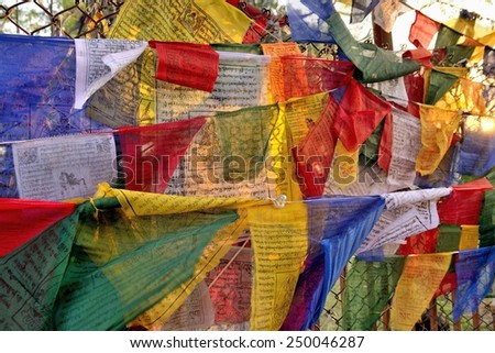 Colorful banners with typical prayers of the Buddhist religion.
