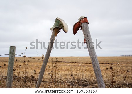 A tattered work boot and a cowboy boot  hanging upside down on fence posts