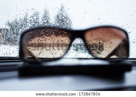 Rain drops through tinted sunglasses