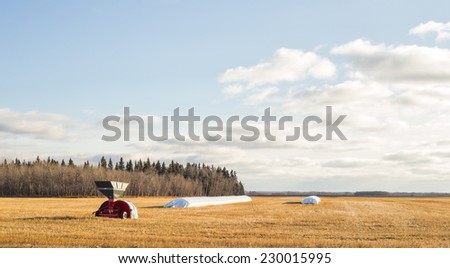 Agricultural grain bagged and bagged grain in a harvested field
