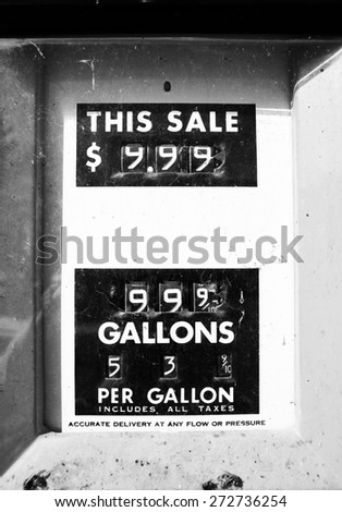 Vintage fuel meter readings in old gas pumps in black and white