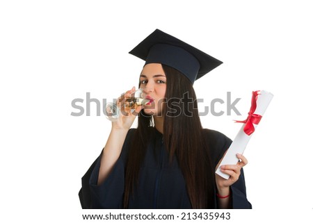 Beautiful woman drink champagne college graduate wearing cap and gown holding diploma isolated on white background