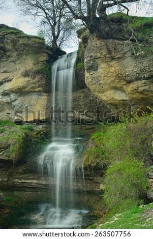 This is beautiful waterfall in Caucasus mountains in spring