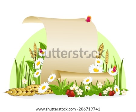 scroll of paper surrounded by flowers and ears of corn