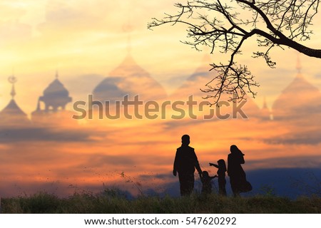 Muslim Family silhouettes supplications, prayers East peace background blur mosque,Concept of Islam is the religion