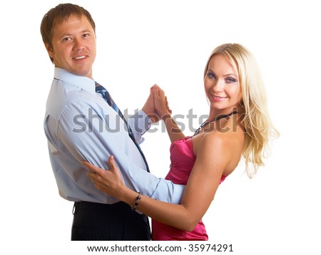 Closeup of a happy business couple dance together