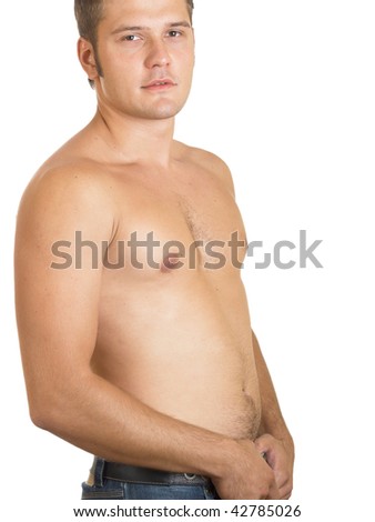 stock photo Portrait of the naked guy in jeans
