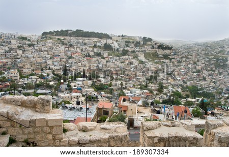 JERUSALEM, ISRAEL - APRIL, 21, 2014 : View of East Jerusalem on April, 21, 2014. After Six-Day War in the 1967 East Jerusalem came under Israeli Rule.