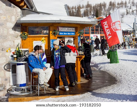 MADONNA DI CAMPIGLIO, ITALY- JANUARY 30, 2013 : Colorful bar for apres ski  on the slopes of famous ski resort Madonna Di Campiglio, Italy January, 30, 2013. This is area of Doloomites Alps.