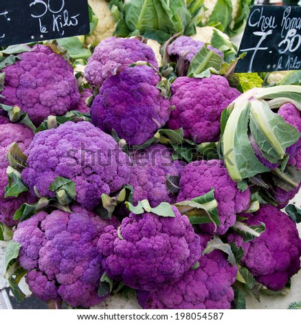 Purple cauliflower on food market in Geneva old town.