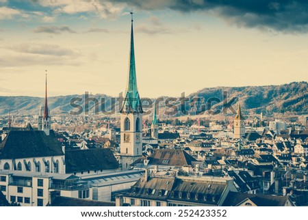 View of old town of Zurich, Switzerland with retro filter effect.