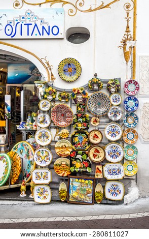 POSITANO, ITALY - MAY 09, 2015 : Display of ceramic shop in Positano, Amalfi Coast, Italy.
