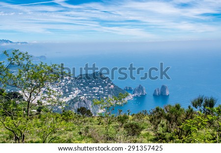 Panorama of isle of Capri, Italy from the top of Charly lift.