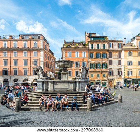 ROME, ITALY - JUNE 04, 2015 : Santa Maria square at Trastevere area in Rome, Italy.