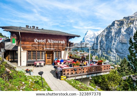 Murren, Switzerland - September 26, 2015 : Mountain restaurant over Alps view in Murren, Switzerland.