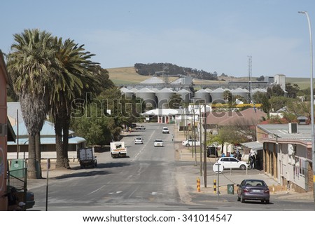 GRAIN SILOS IN THE SWARTLAND REGION SOUTH AFRICA - OCTOBER 2015 - Grain silos overlook the farming town of Moorreesburg in the Swartland region of South Africa