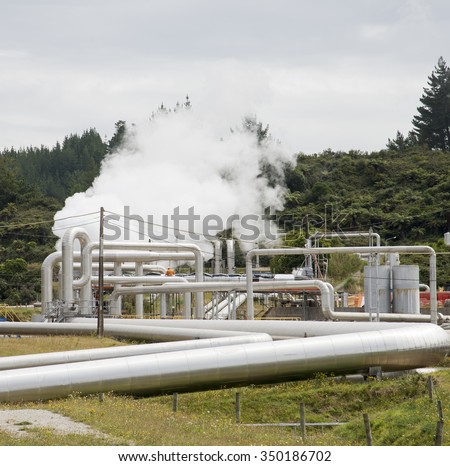 GEOTHERMAL POWER PRODUCTION PLANT NORTH ISLAND NEW ZEALAND = CIRCA 2014 - Steam and pipework at the Wairakei Geothermal Power Station at Taupo New Zealand