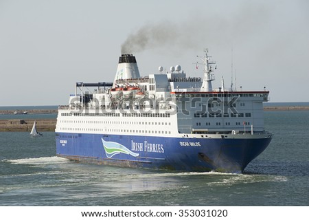 ROLL ON ROLL OFF FERRY LEAVING PORT FRANCE EU - CIRCA 2013 - Roro passenger and vehicle Oscar Wilde departing Cherbourg France for Southern Ireland