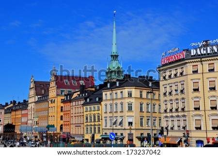 STOCKHOLM, SWEDEN - MARCH 16: Multicolor houses of Stockholm downtown on March 16, 2013. Stockholm is a capital and the largest city of Sweden.