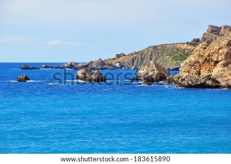 Mediterranean landscape: rocks in the sea, Maltese Islands.