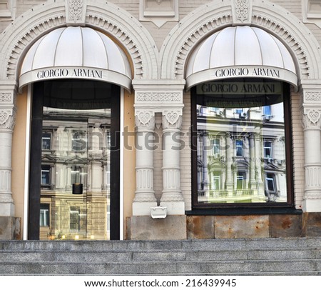 MOSCOW, RUSSIA - SEPTEMBER 7: Facade of Giorgio Armani flagship store in Moscow on September 7, 2014. Armani is an Italian luxury fashion house founded by Giorgio Armani.