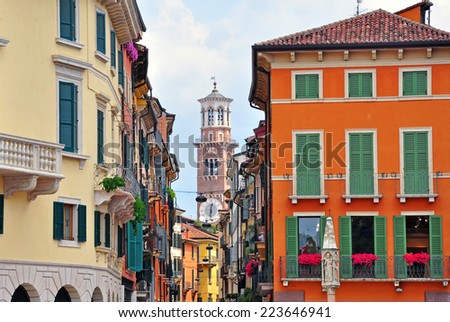 VERONA ITALY - JUNE 28: View of a historical center of Verona, Italy on June 28, 2014. Verona is a city straddling the Adige river in Veneto, northern Italy.