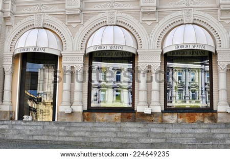 MOSCOW, RUSSIA - SEPTEMBER 7: Facade of Giorgio Armani flagship store in Moscow on September 7, 2014. Armani is an Italian luxury fashion house founded by Giorgio Armani.