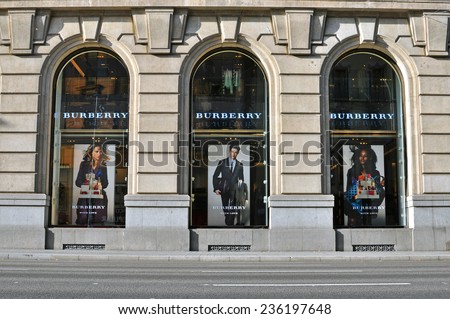 BARCELONA, SPAIN - DECEMBER 8: Facade of Burberry flagship store in the street of Barcelona on December 8, 2014. Burberry is a luxurious clothing brand based in Great Britian.