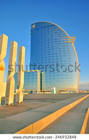 BARCELONA, SPAIN - JANUARY 11: W hotel at the port of Barcelona city on January 11, 2015. Barcelona is the secord largest city of Spain.