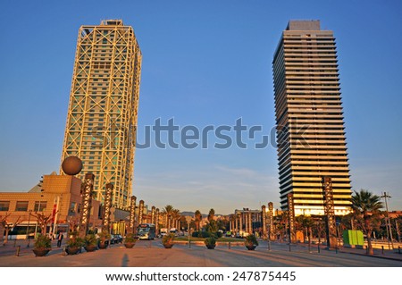 BARCELONA, SPAIN - JANUARY 15: Skyscrapers of Barceloneta district in Barcelona city on January 15, 2015. Barcelona is the secord largest city of Spain.