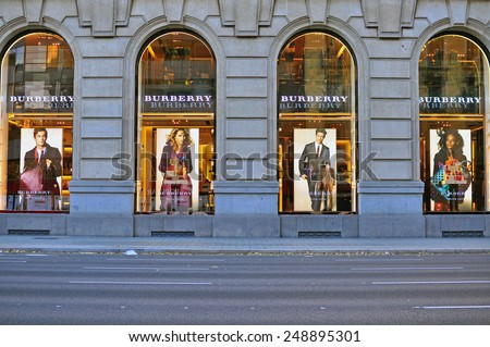 BARCELONA, SPAIN - DECEMBER 9: Facade of Burberry flagship store in the street of Barcelona on December 9, 2014. Burberry is a luxurious clothing brand based in Great Britian.