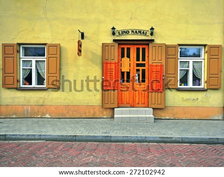 VILNIUS, LITHUANIA - APRIL 13: Facade of a restaurant in Vilnius old town on April 13, 2015. Vilnius is the capital and largest city of Lithuania.
