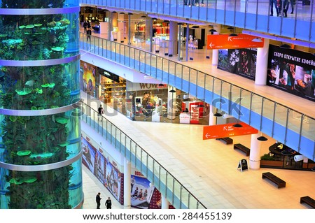 MOSCOW, RUSSIA - MAY 17: Interior of Aviapark shopping centre in Moscow city on May 17, 2015. Moscow is the capital and largest city of Russia.