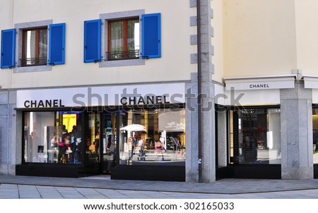 CHAMONIX, FRANCE - JULY 31: Facade of Chanel flagship store in Chamonix old town on July 31, 2015. Chanel is a world famous luxury fashion couture.