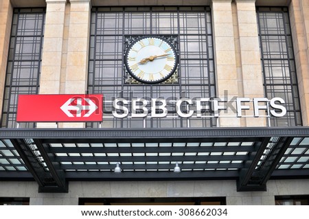 GENEVA, SWITZERLAND - AUGUST 17: Logo of Swiss railways in the train station of Geneva on August 17, 2015. SBB is the national railway company of Switzerland.