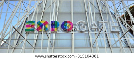 MILAN, ITALY - JUNE 20, 2015: Expo Milan 2015 logo in the building on June 20, 2015. Expo 2015 is the current Universal Exposition being hosted by Milan, Italy.