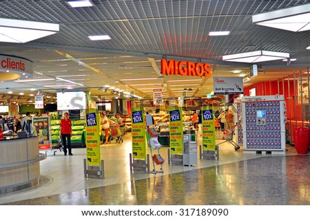 GENEVA, SWITZERLAND - SEPTEMBER 3: Entrance of Migros grocery store in Geneva on September 3, 2015. Migros is Switzerland's largest retail company.