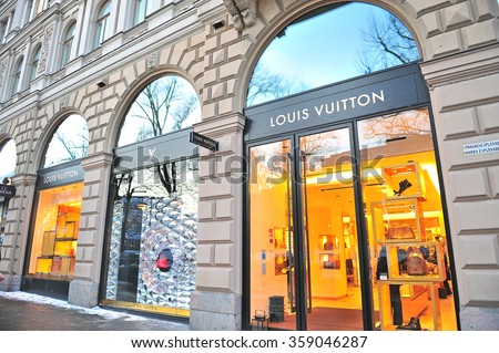 HELSINKI, FINLAND - JANUARY 4: Facade of Louis Vuitton store in Helsinki on January 4, 2016. Louis Vuitton is a world famous fashion brand founded in France.