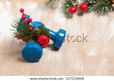 Christmas sport composition with dumbbells, red berries and \
spruce on plywood background. Concept CÂhristmas special for healthy \
lifestyle and sport.